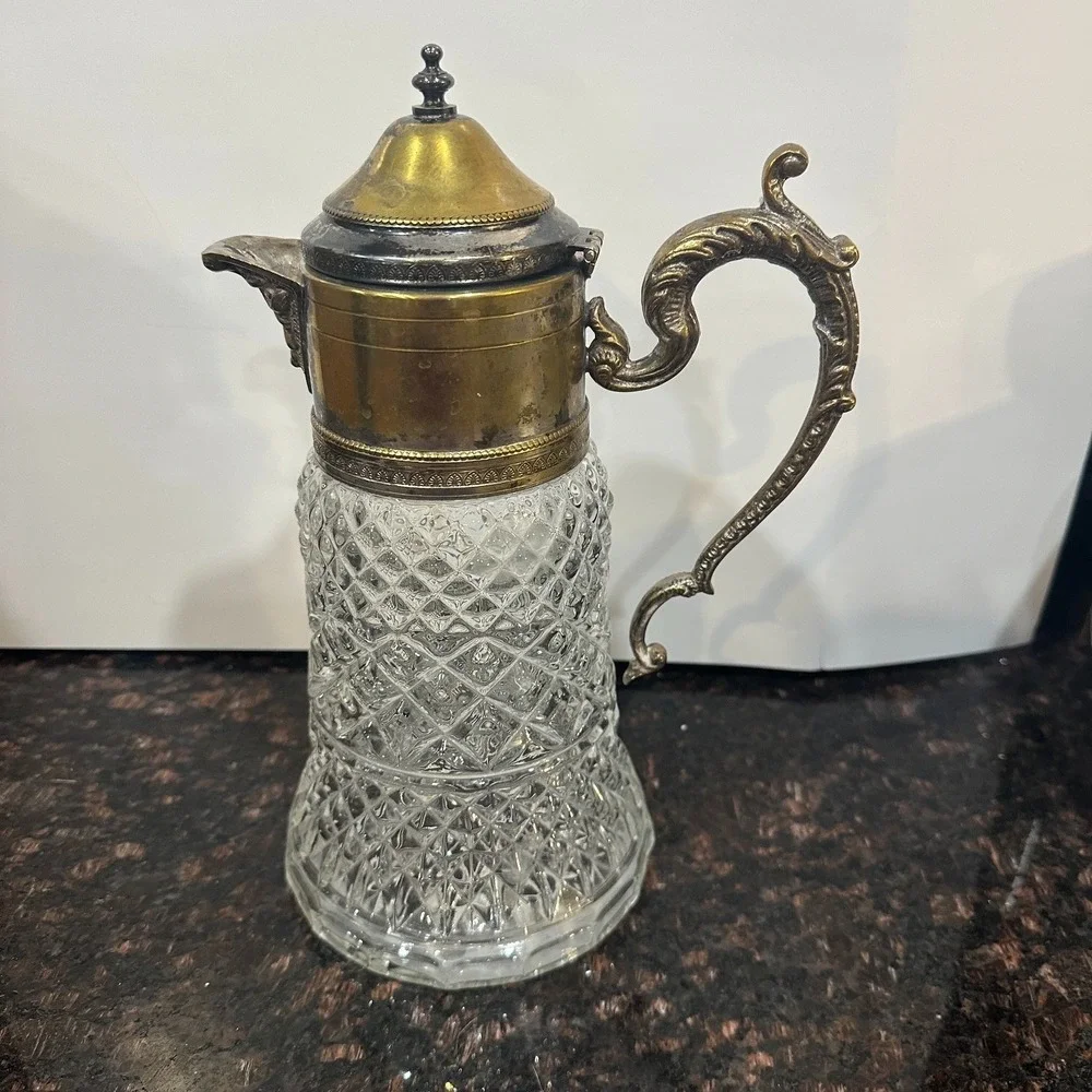 VTG Antique Cut Glass Crystal Claret Jug Pitcher Brass Silverplate Ornate Handle